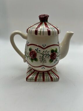 Hand-Painted Floral Ceramic Teapot in Cream and Red